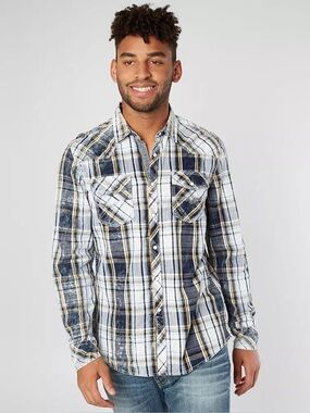 BKE Men's Plaid Button-Up Shirt - Navy & White